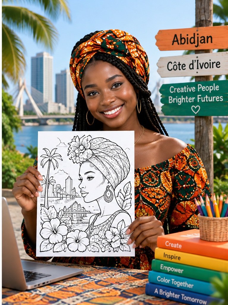 Smiling young woman in Côte d'Ivoire holding a printed ColorCraft coloring page