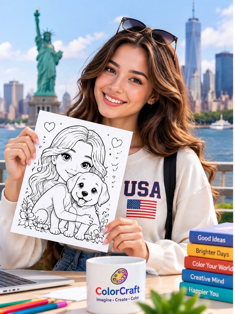 Smiling young woman in the USA holding a printed ColorCraft coloring page of a puppy
